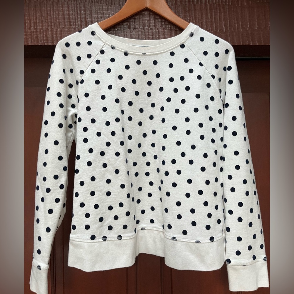 Boden white sweatshirt with black fuzzy polka dots